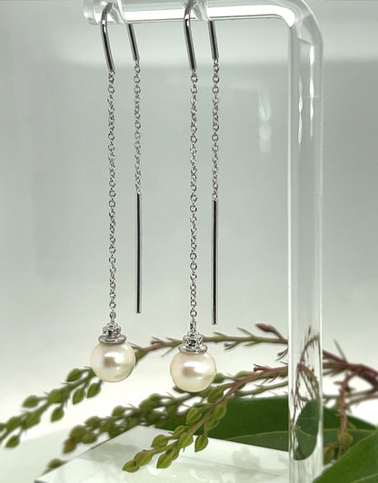 Cultured Freshwater Pearl Threader Earrings in Sterling Silver | White Sapphire and Pearl Dangle Earrings | Bridal Jewelry