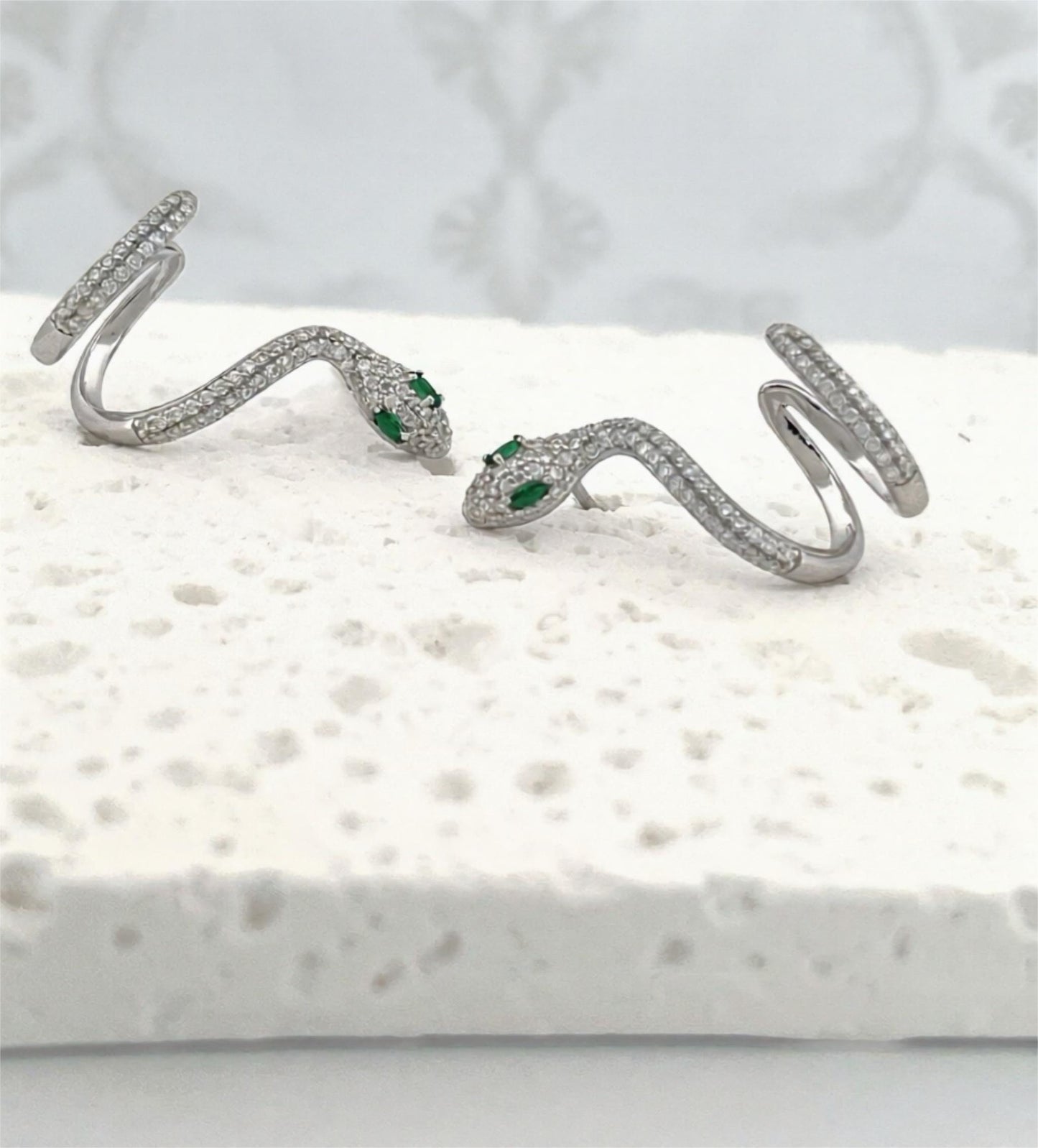 Moissanite Snake Ear Cuff – Serpent Wrap Climber Earrings with Emerald Eyes – Spiral Wire Snake Jewelry, Platinum Plated Sterling Silver