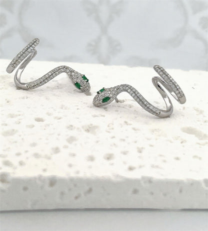 Moissanite Snake Ear Cuff – Serpent Wrap Climber Earrings with Emerald Eyes – Spiral Wire Snake Jewelry, Platinum Plated Sterling Silver