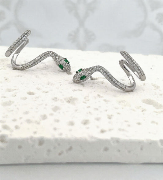 Moissanite Snake Ear Cuff – Serpent Wrap Climber Earrings with Emerald Eyes – Spiral Wire Snake Jewelry, Platinum Plated Sterling Silver
