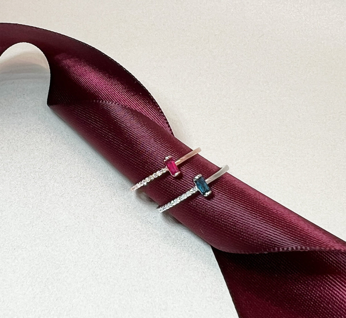 Ruby or Sapphire Baguette Ring: Diamond 14K Gold Plated Sterling Silver