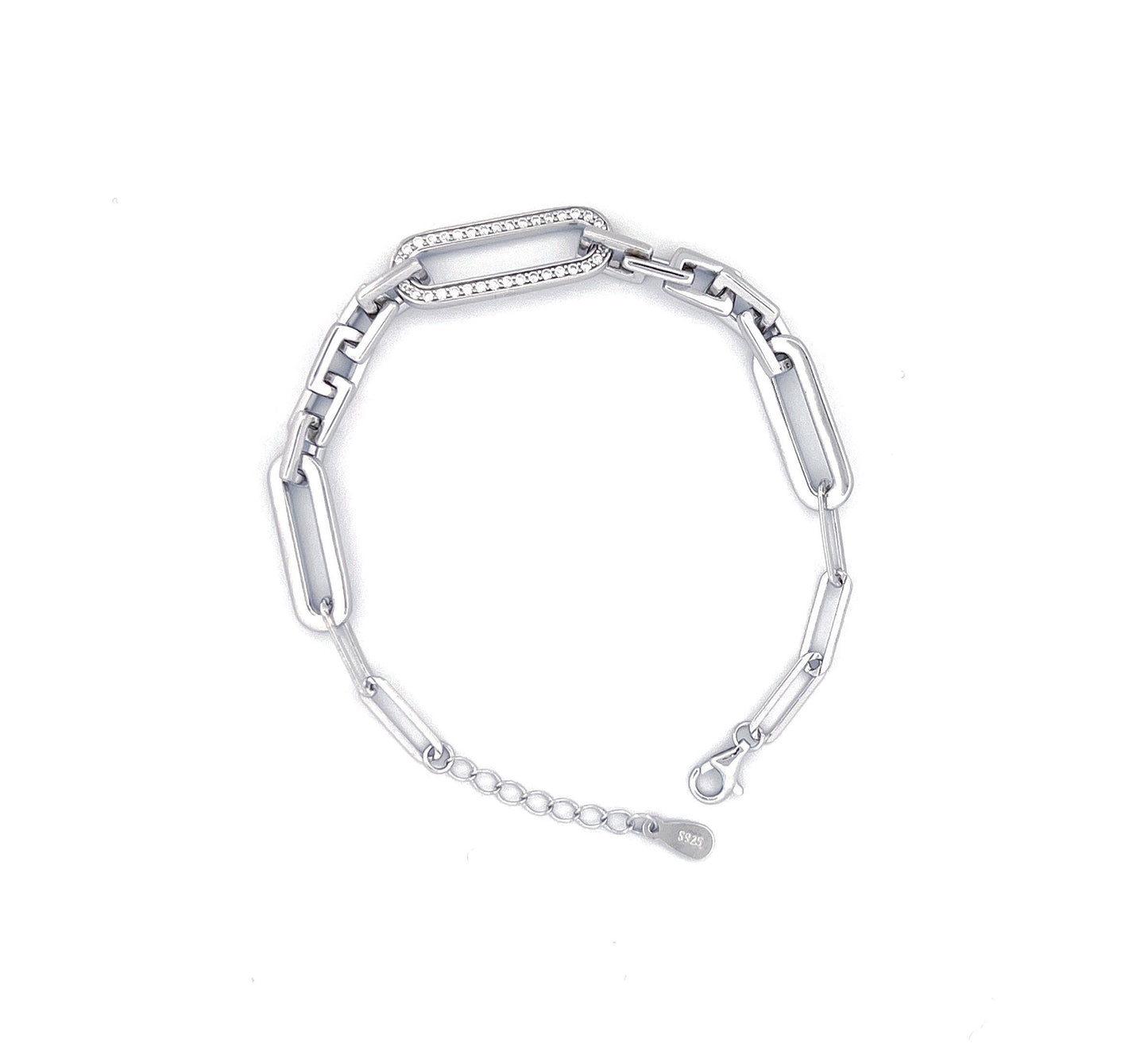 Moissanite Paperclip Bracelet: Rhodium Plated Sterling Silver Chain, Minimalist Rectangle Link