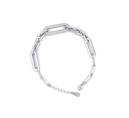 Moissanite Paperclip Bracelet: Rhodium Plated Sterling Silver Chain, Minimalist Rectangle Link