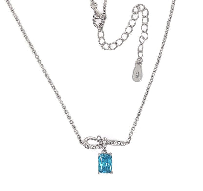 Sterling Silver Bow Pendant Necklace: Blue Cubic Zirconia, Adjustable Chain