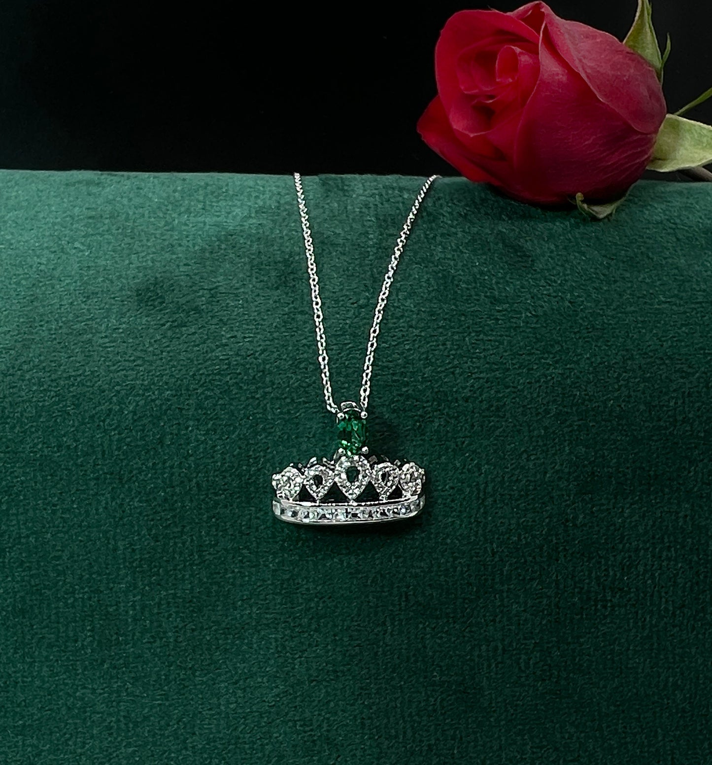 Emerald Crown Necklace: Rhodium Plated Sterling Silver, White Sapphire Pendant