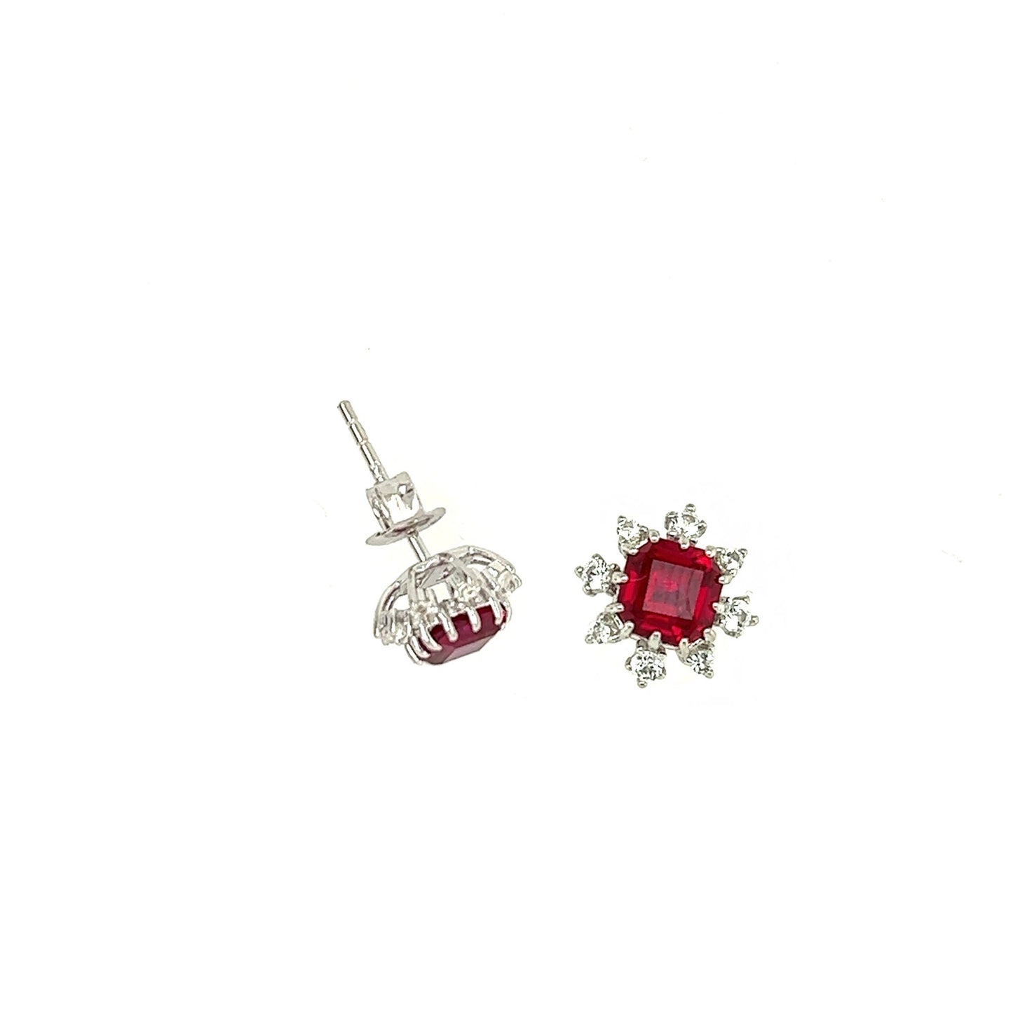Sterling Silver Created Ruby Stud Earrings: White Sapphire Halo