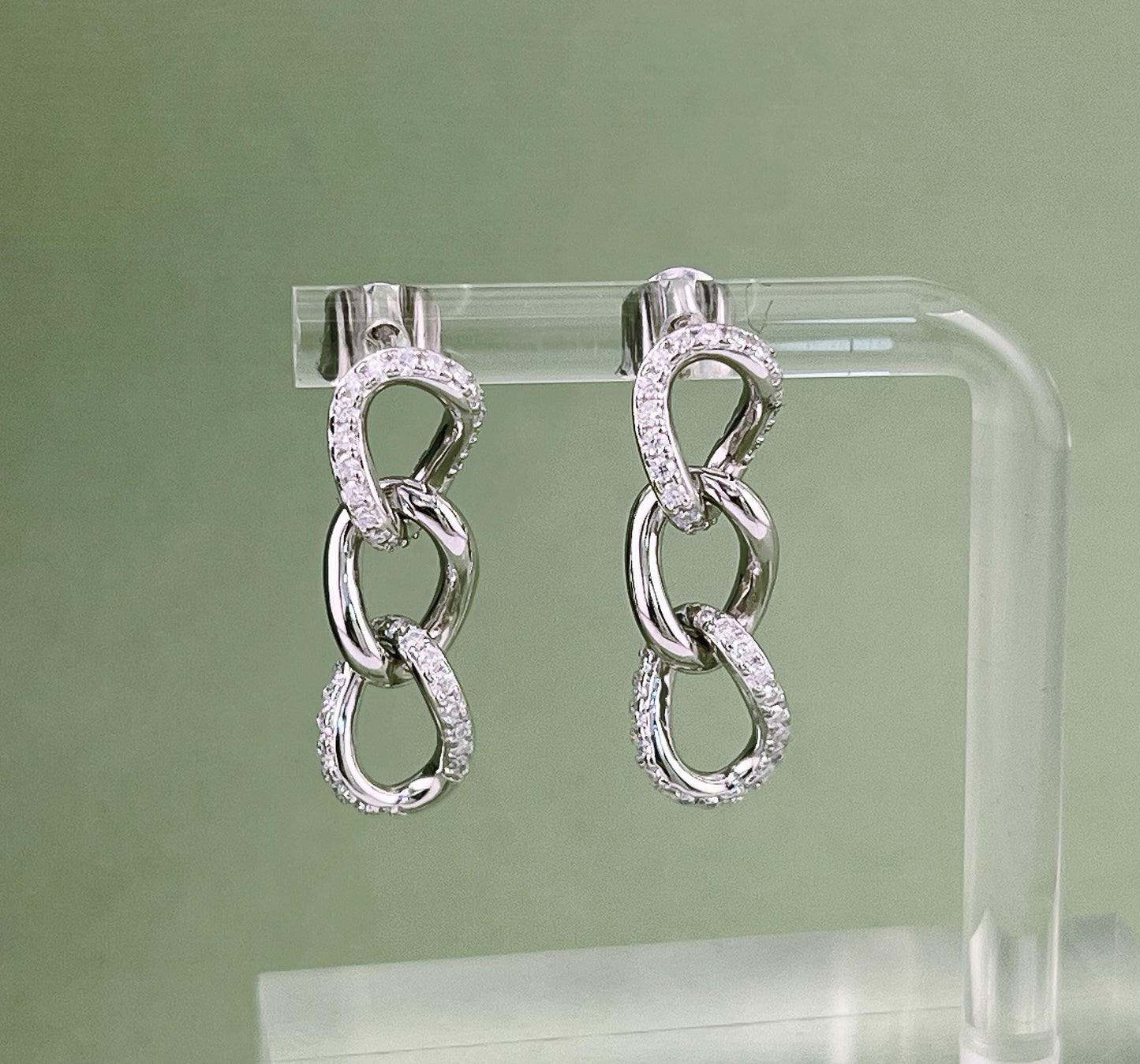 Moissanite Chain Link Earrings: Rhodium Plated Sterling Silver Dangle