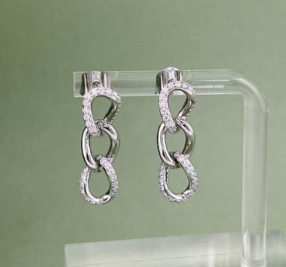 Moissanite Chain Link Earrings: Rhodium Plated Sterling Silver Dangle