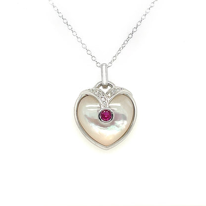 Mother of Pearl Heart Necklace: Sterling Silver, Ruby or Emerald, White Sapphire Pendant