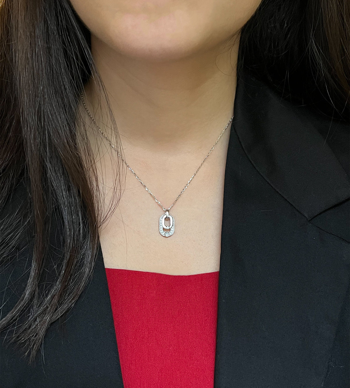 Certified Moissanite Double Oval Pendant Necklace: Rhodium Plated Sterling Silver