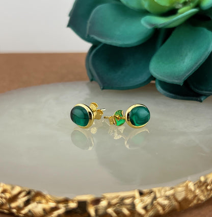 Emerald Stud Earrings: 18K Gold Plated Sterling Silver Bezel