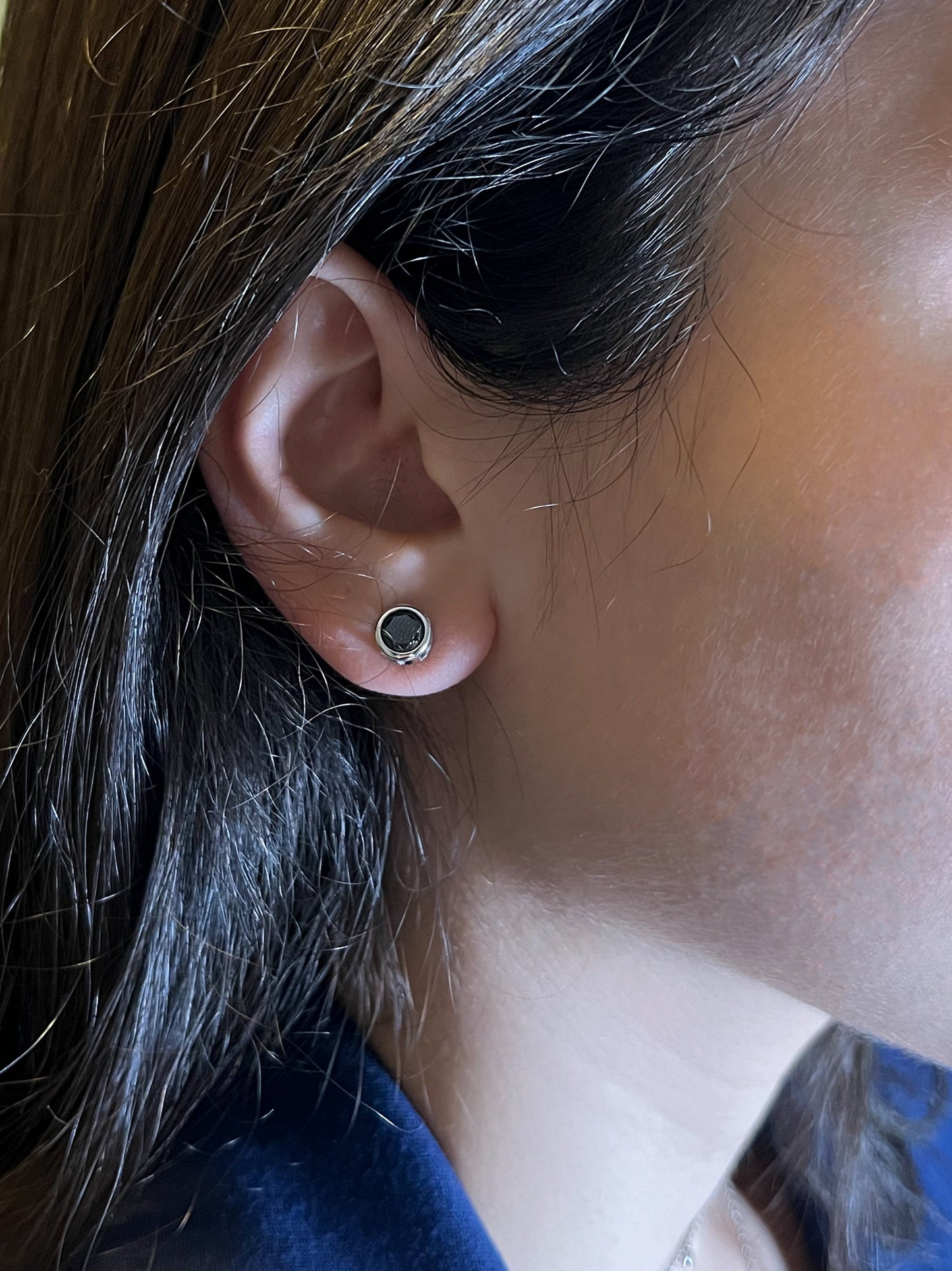 Black Diamond Stud Earrings: .925 Sterling Silver Bezel Solitaire