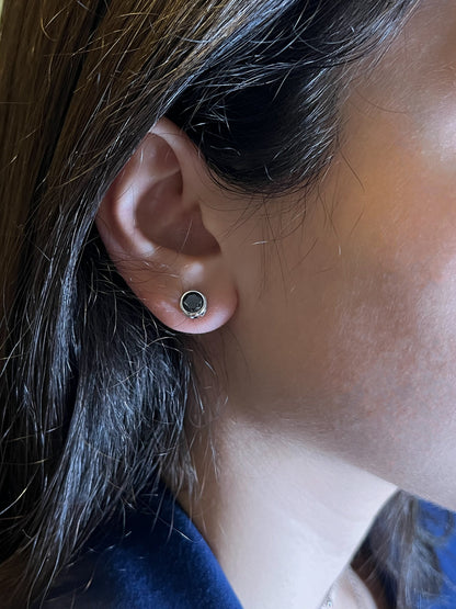 Black Diamond Stud Earrings: .925 Sterling Silver Bezel Solitaire