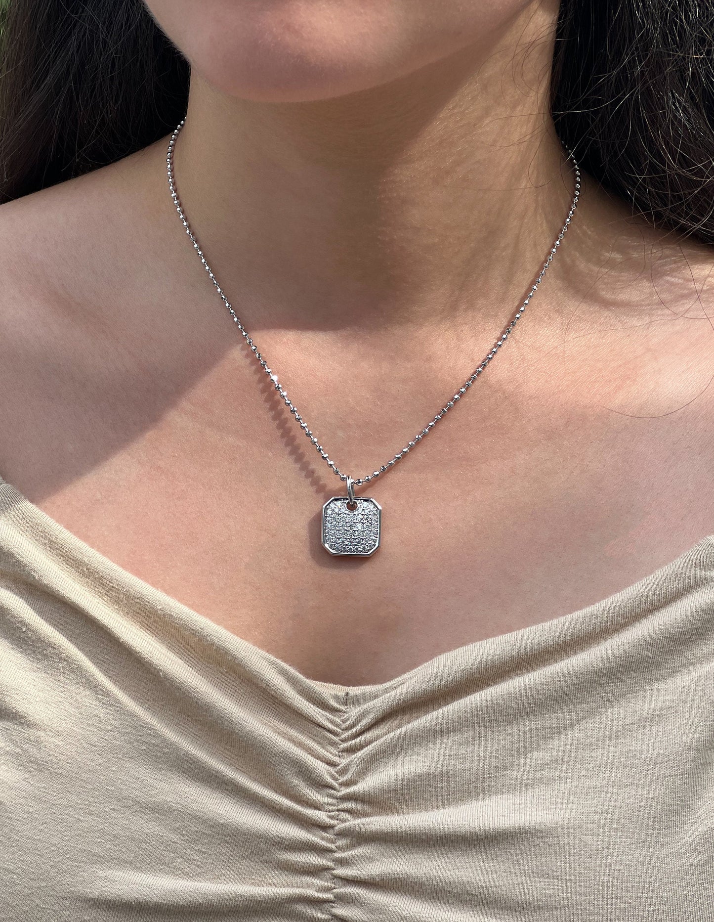 Moissanite Pavé Square Pendant Necklace: Rhodium Sterling Silver Dog Tag