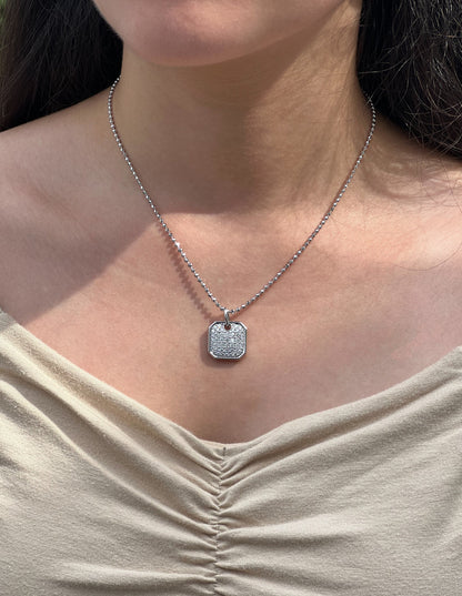 Moissanite Pavé Square Pendant Necklace: Rhodium Sterling Silver Dog Tag