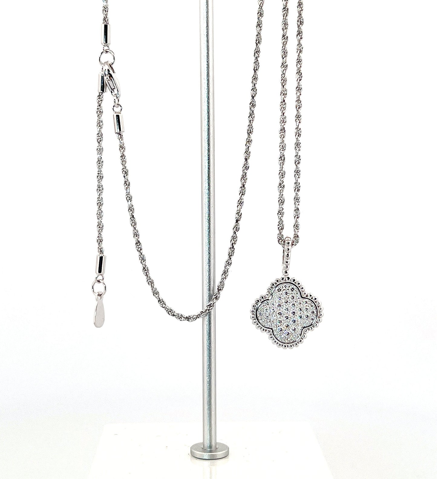 Moissanite Four-Leaf Clover Necklace: Rhodium Plated Sterling Silver Pendant