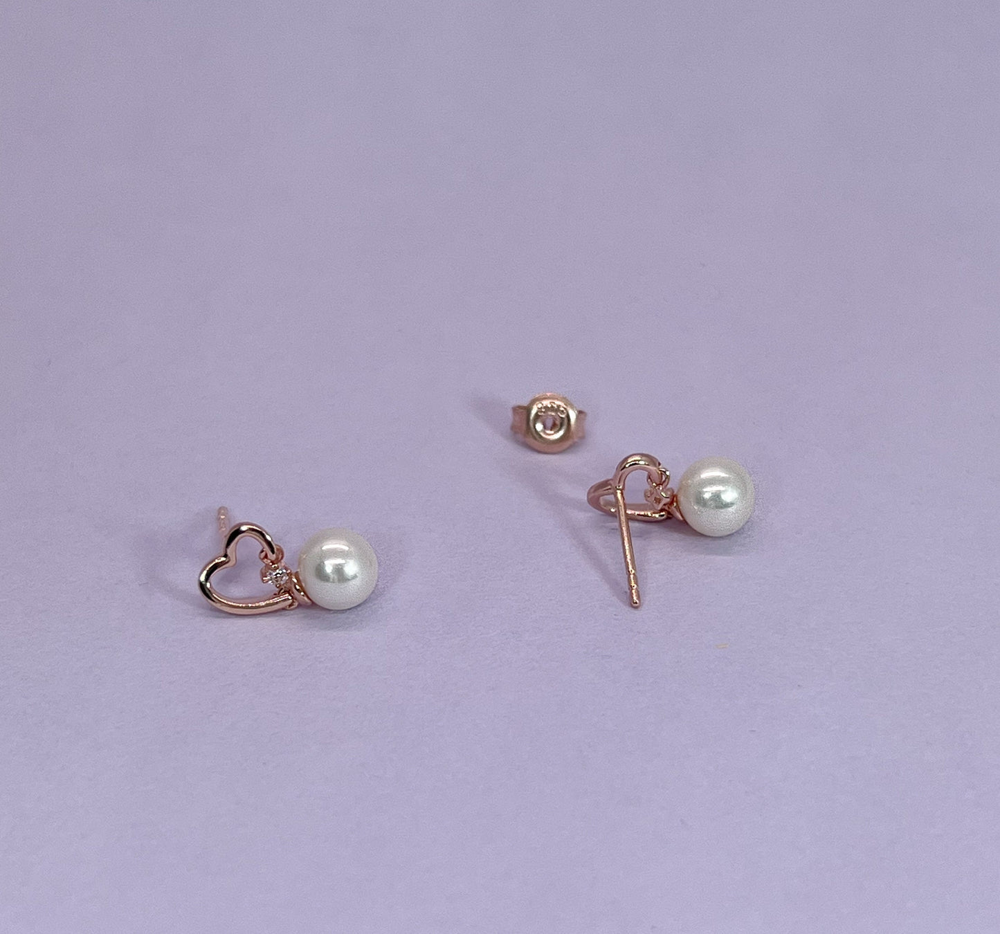 Moissanite Pearl Heart Earrings: 14K Rose Gold Plated Sterling Silver