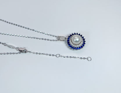 Freshwater Pearl & Blue Sapphire Halo Pendant: Rhodium-Plated Silver Necklace