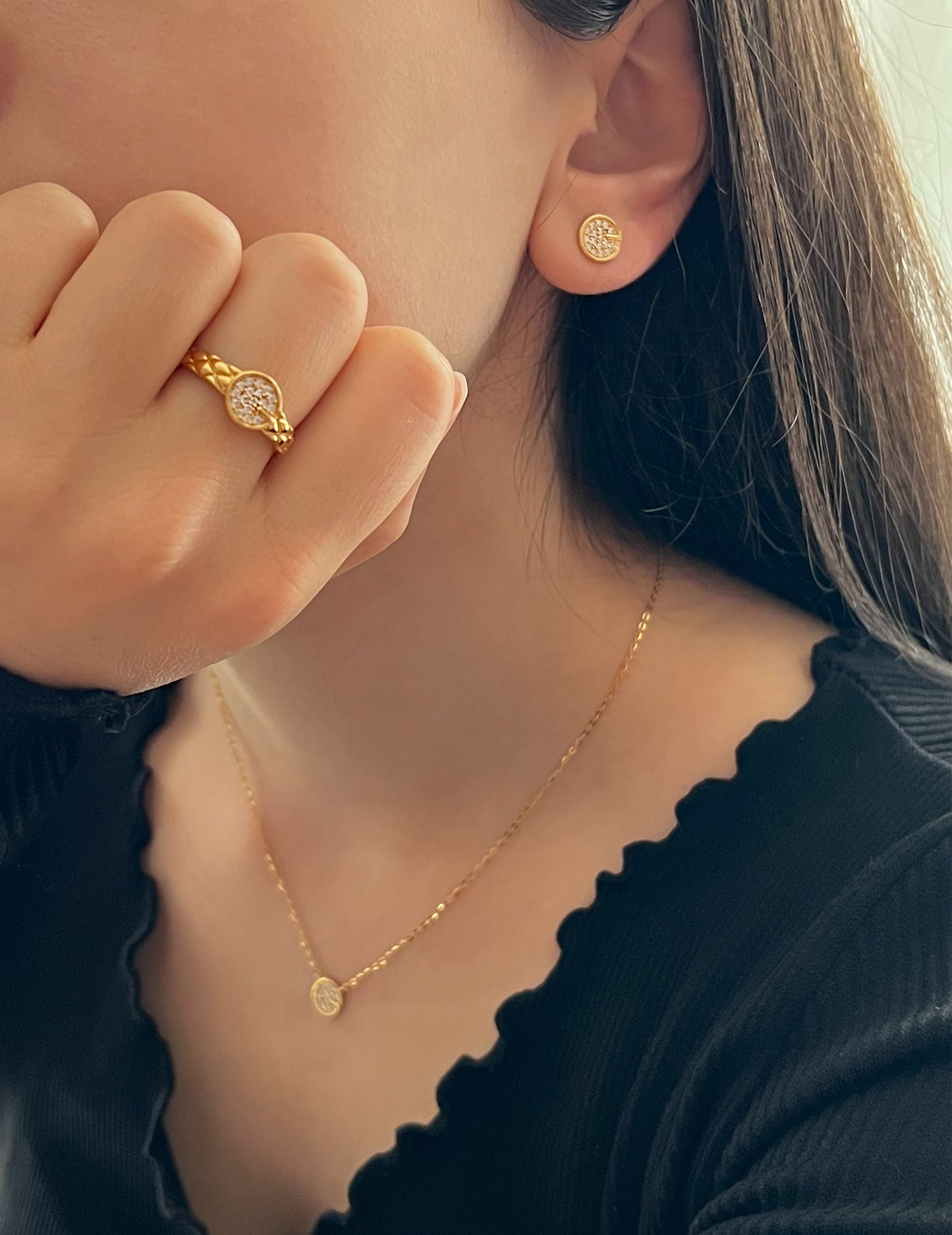 Moissanite Pavé Disc Earrings: 18K Gold Plated Sterling Silver Studs