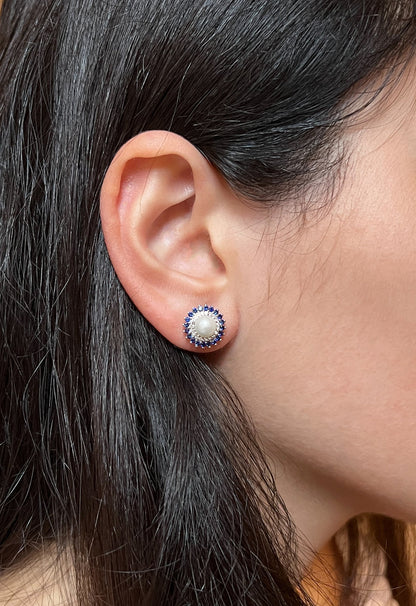 Freshwater Pearl Sapphire Halo Earrings: Rhodium-Plated Silver Studs