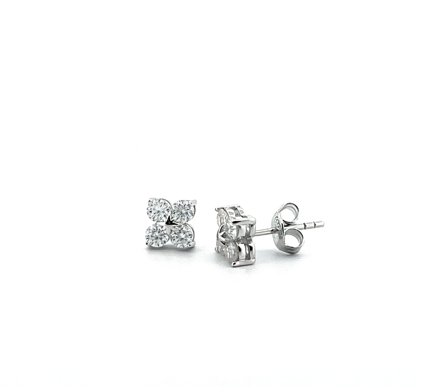 Moissanite Clover Stud Earrings: Rhodium Sterling Silver