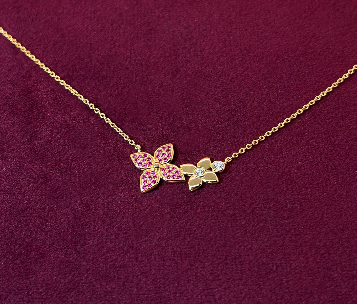 Sapphire Flower Necklace: Yellow Gold Plated Sterling Silver Floral Pendant