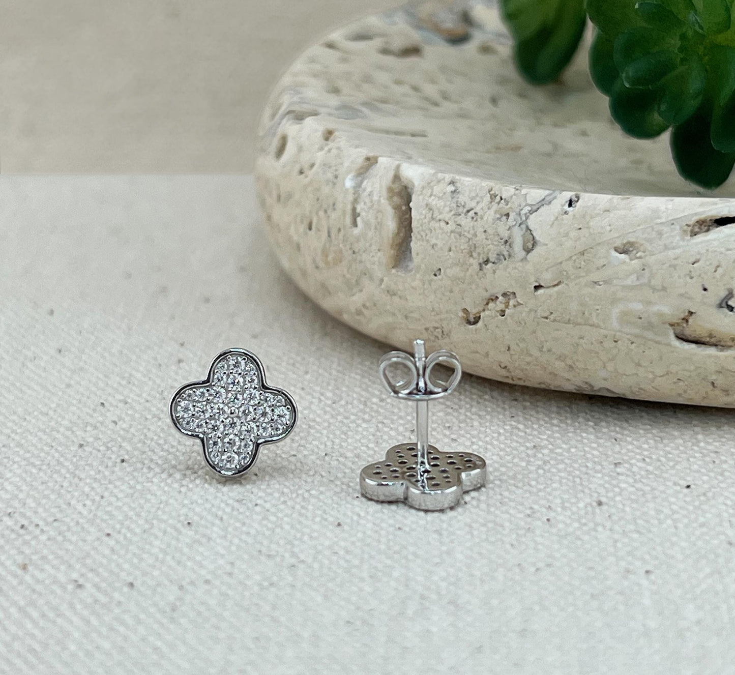 Moissanite Clover Stud Earrings: Rhodium Plated Sterling Silver Floral Earstuds