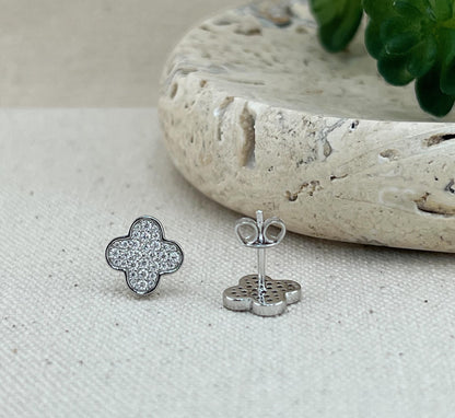 Moissanite Clover Stud Earrings: Rhodium Plated Sterling Silver Floral Earstuds