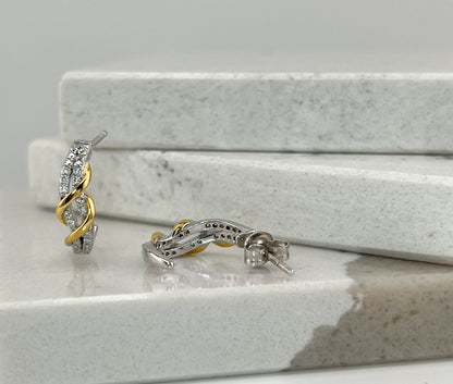Two-Tone Twisted Moissanite J-Hoop Earrings: 14K Gold & Sterling Silver
