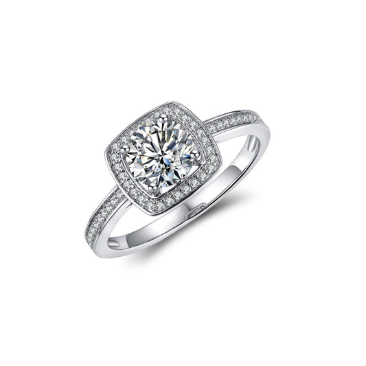 VVS1 Moissanite Engagement Ring: 1.5 CTW Cushion Halo, Rhodium Sterling Silver