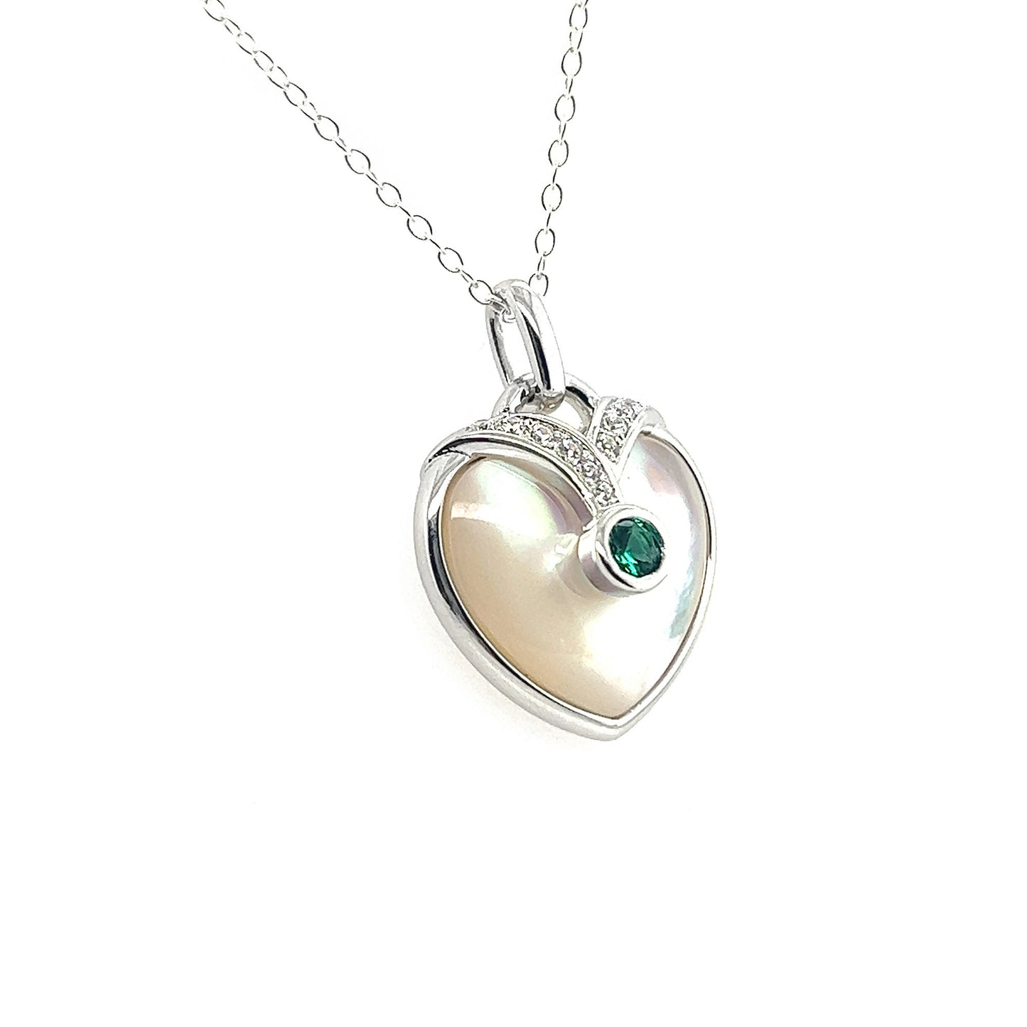 Mother of Pearl Heart Necklace: Sterling Silver, Ruby or Emerald, White Sapphire Pendant