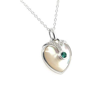 Mother of Pearl Heart Necklace: Sterling Silver, Ruby or Emerald, White Sapphire Pendant