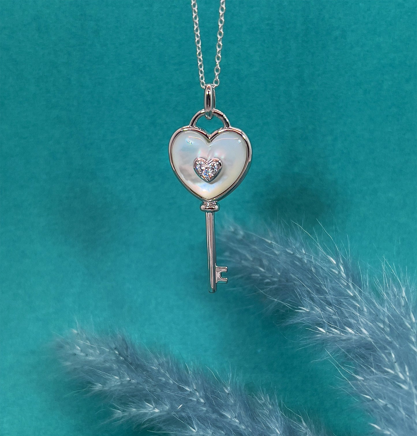 Heart Key Necklace: Sterling Silver, Mother of Pearl & White Sapphire Pendant