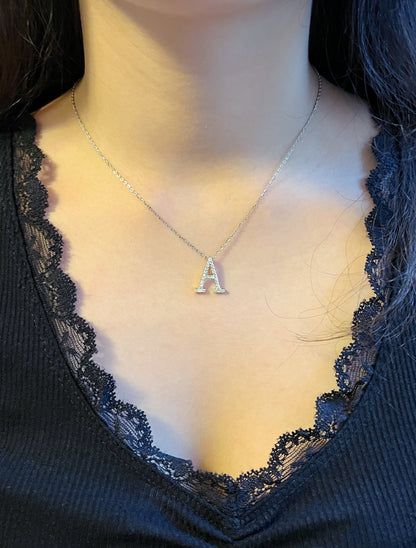 Moissanite Initial Necklace: Rhodium Plated Sterling Silver Letter Pendant