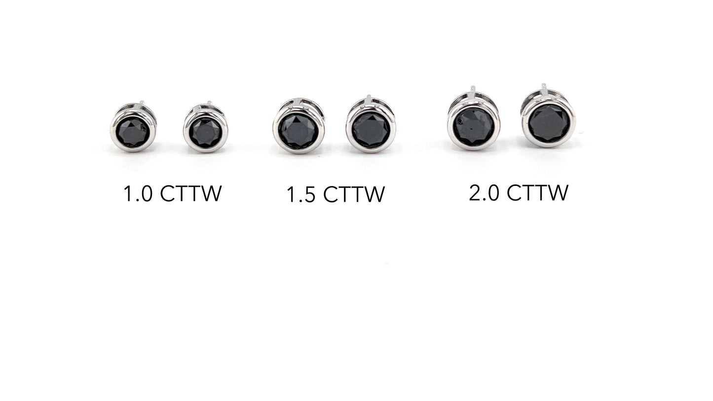 Black Diamond Stud Earrings: .925 Sterling Silver Bezel Solitaire