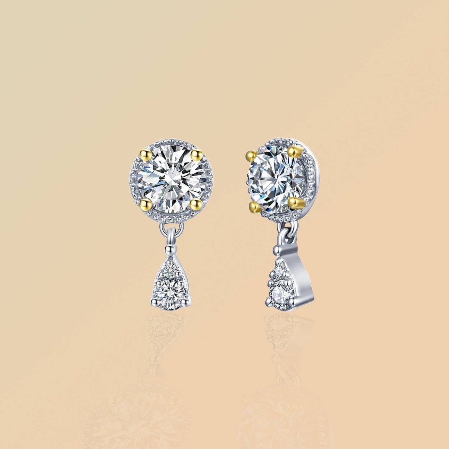 Moissanite Halo Dangle Earrings: Two-Tone Sterling Silver Studs