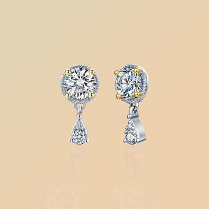 Moissanite Halo Dangle Earrings: Two-Tone Sterling Silver Studs