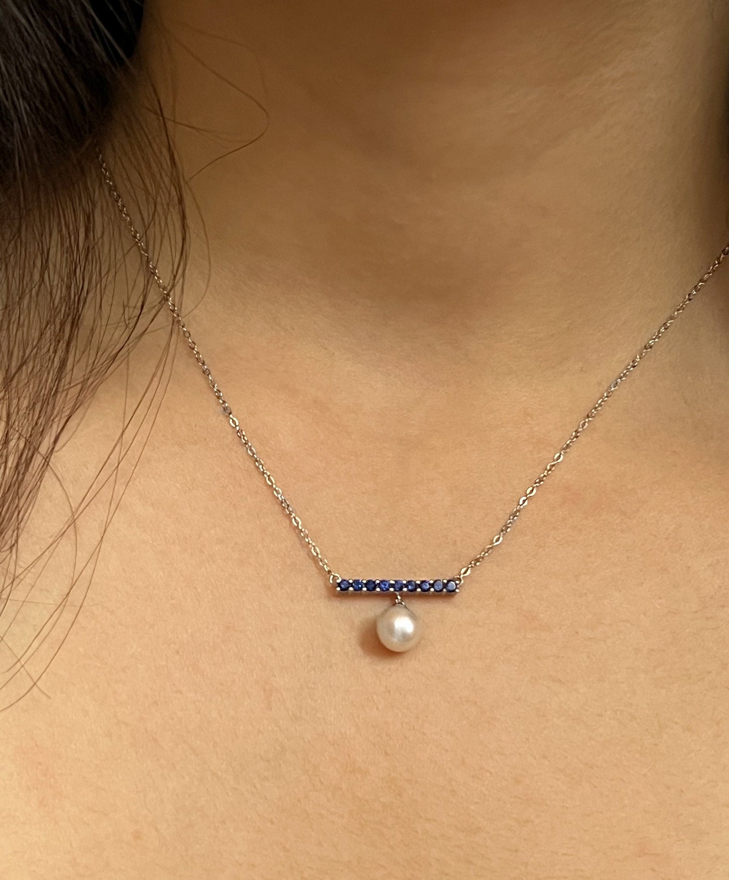 Sterling Silver Bar Necklace: Ruby or Sapphire, Freshwater Pearl Dangle