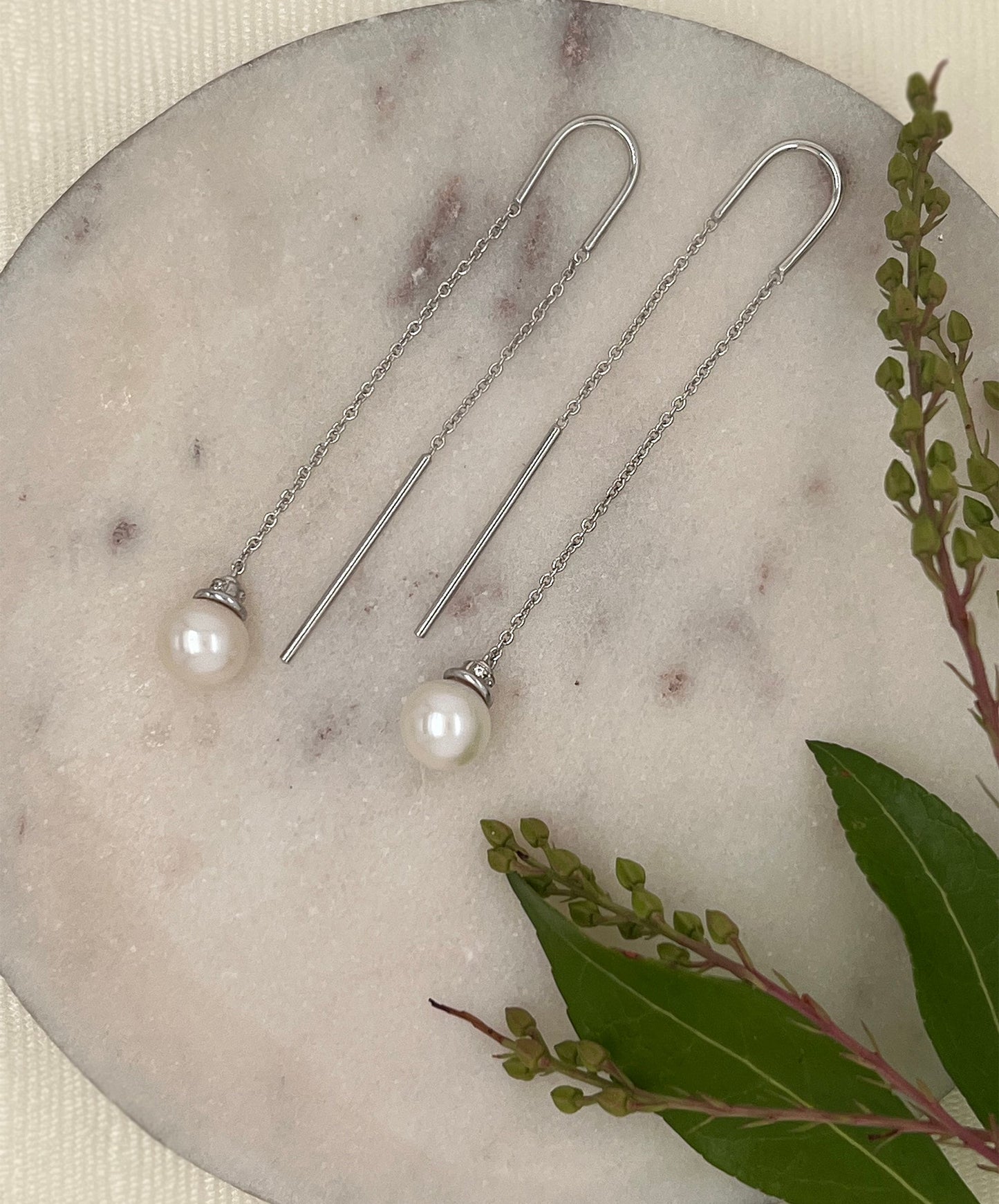 Cultured Freshwater Pearl Threader Earrings in Sterling Silver | White Sapphire and Pearl Dangle Earrings | Bridal Jewelry