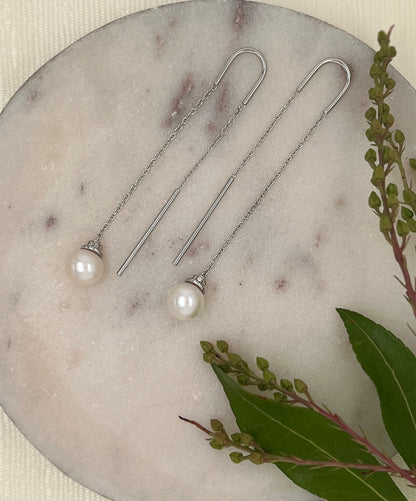 Cultured Freshwater Pearl Threader Earrings in Sterling Silver | White Sapphire and Pearl Dangle Earrings | Bridal Jewelry