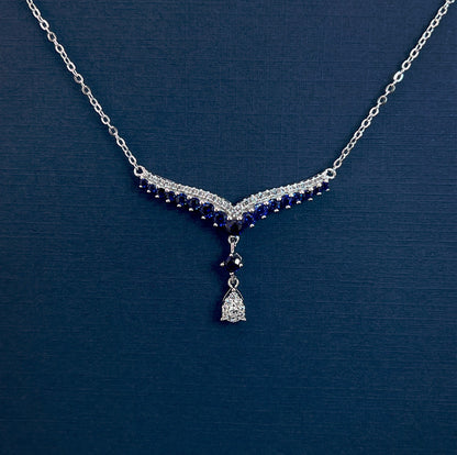 Teardrop Sapphire Necklace: Rhodium Plated Sterling Silver V Collar