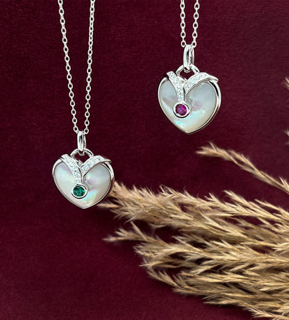 Mother of Pearl Heart Necklace: Sterling Silver, Ruby or Emerald, White Sapphire Pendant