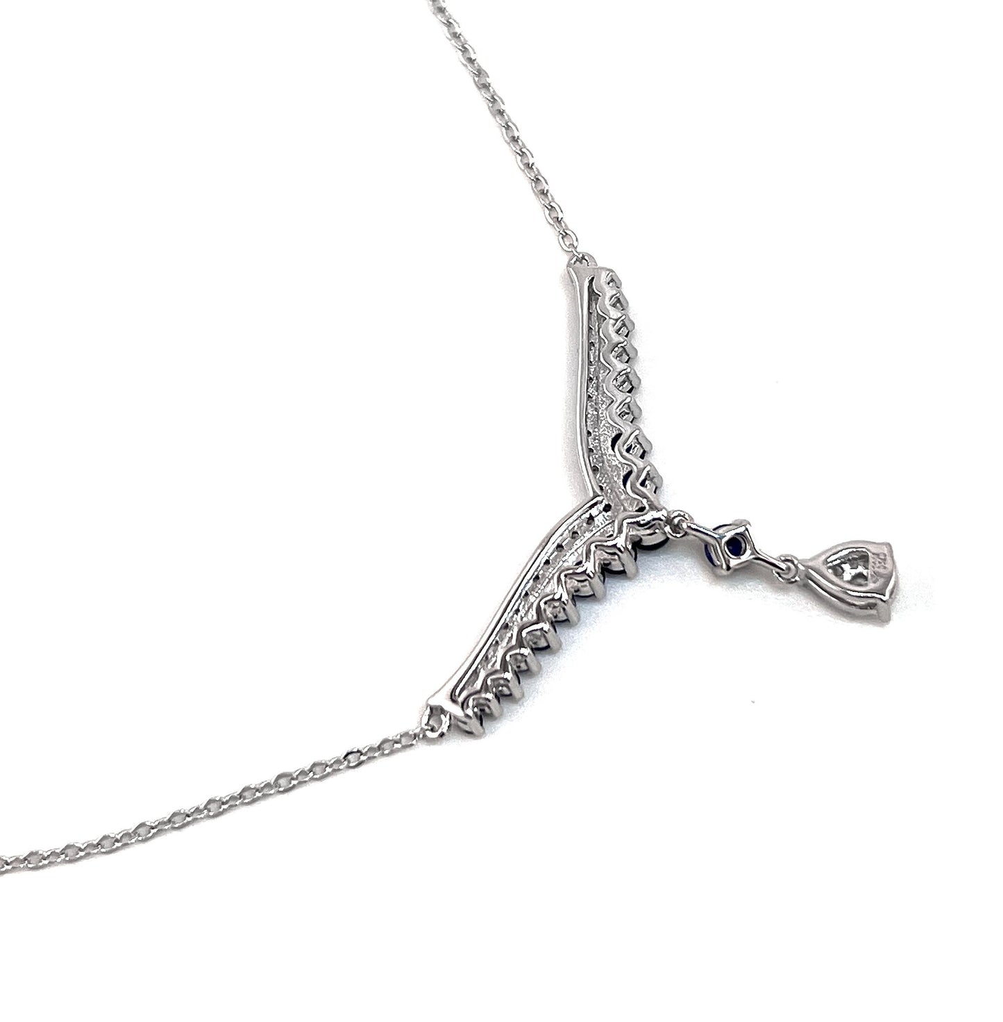Teardrop Sapphire Necklace: Rhodium Plated Sterling Silver V Collar