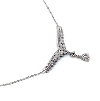 Teardrop Sapphire Necklace: Rhodium Plated Sterling Silver V Collar