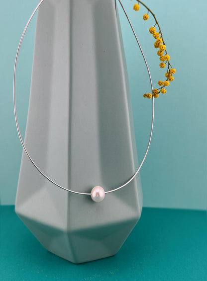 Floating Pearl Necklace: Rhodium Plated Sterling Silver Wire, Minimalist Jewelry