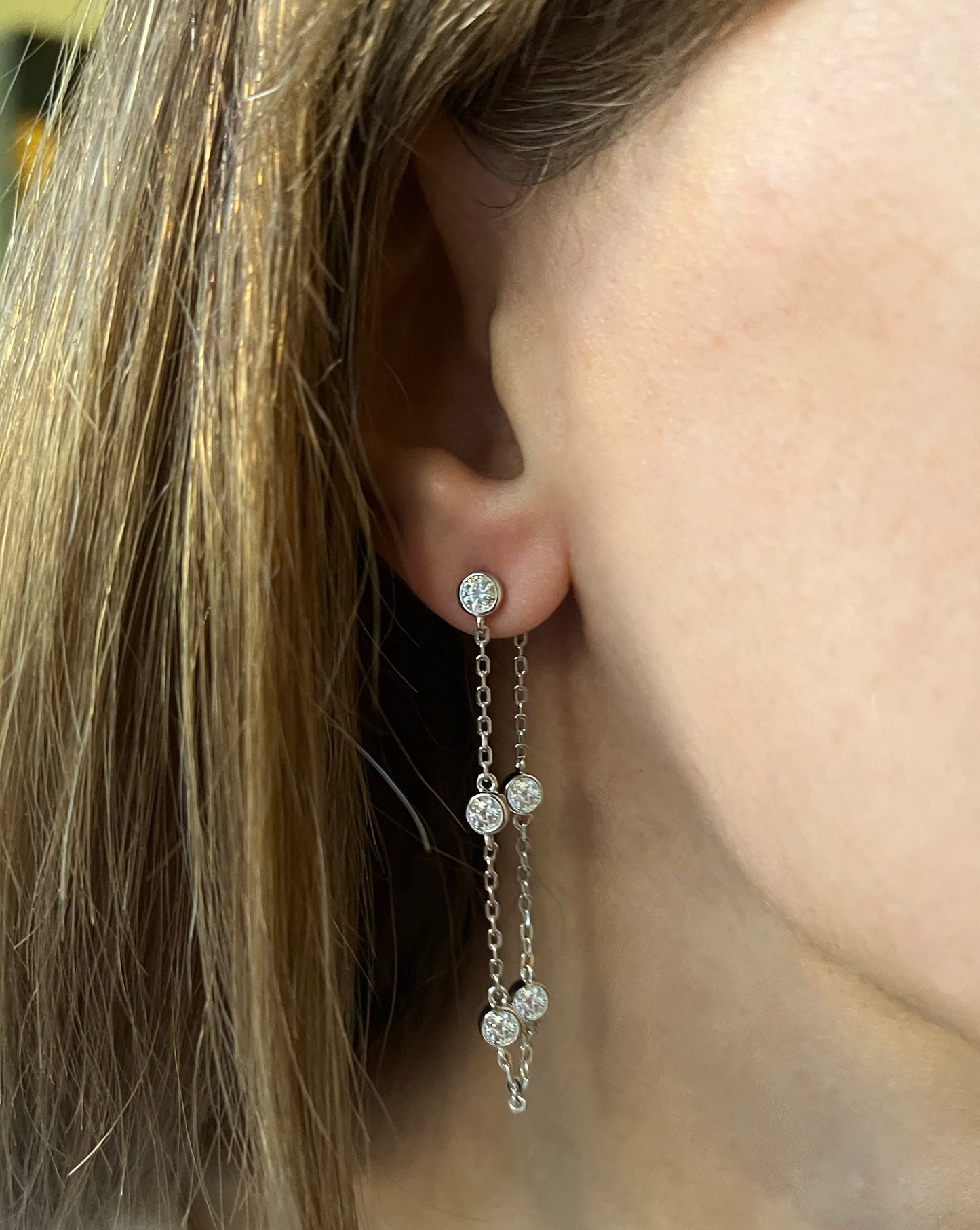Moissanite Threader Earrings: Rhodium Plated Sterling Silver Chain Drop Earrings