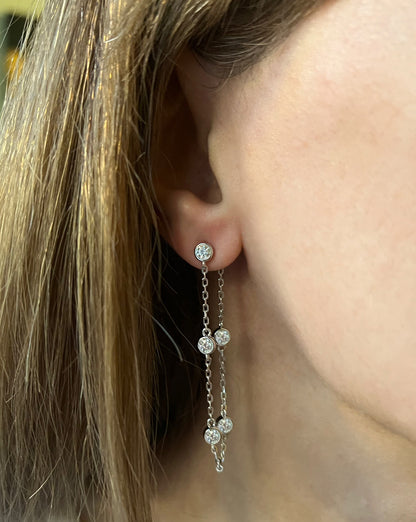 Moissanite Threader Earrings: Rhodium Plated Sterling Silver Chain Drop Earrings