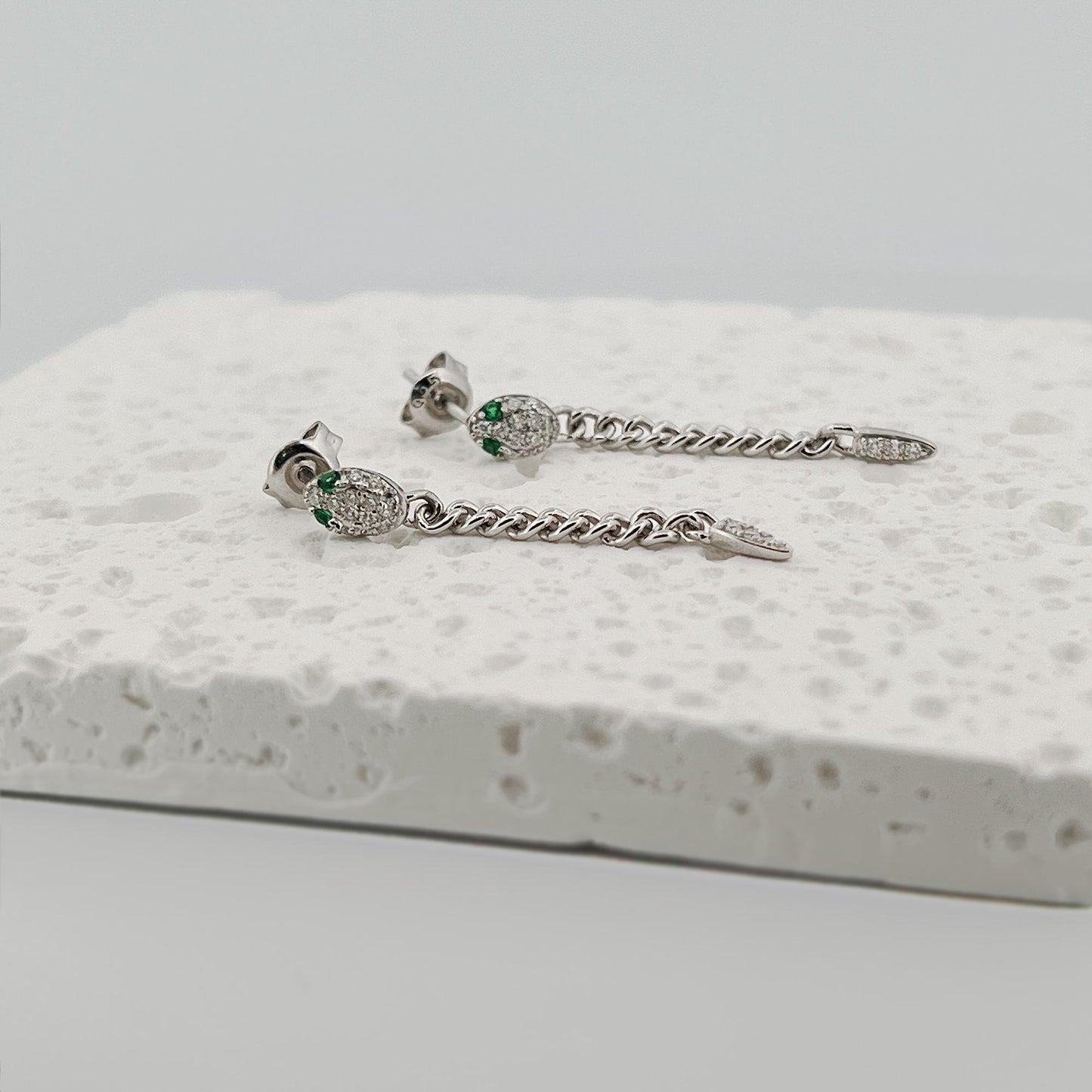 Moissanite Snake Earrings: 18K Gold Emerald Sterling Silver Dangles