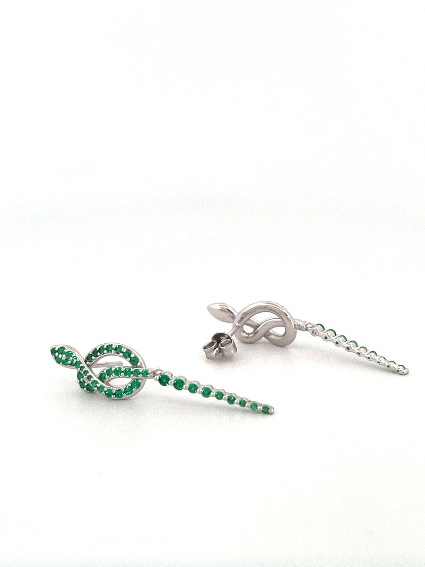 Emerald Snake Earrings: Rhodium Plated Sterling Silver Serpent Dangles