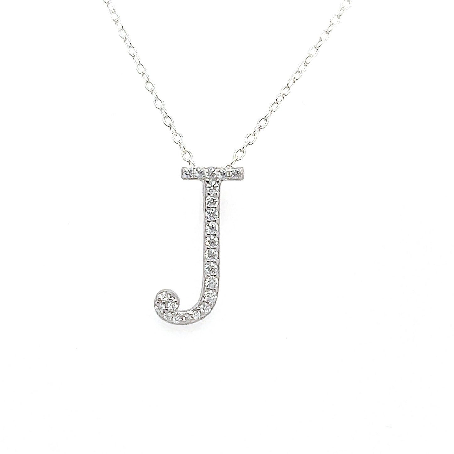 Moissanite Initial Necklace: Rhodium Plated Sterling Silver Letter Pendant